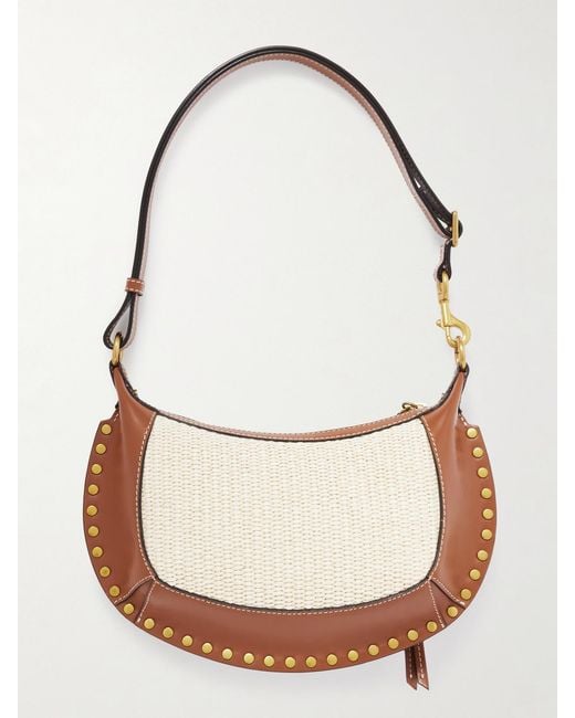 Isabel Marant Natural Oskan Moon Studded Leather-Trimmed Raffia Shoulder Bag