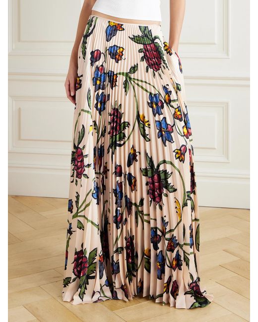 S.S.Daley White Kate Pleated Floral-Print Satin-Twill Maxi Skirt