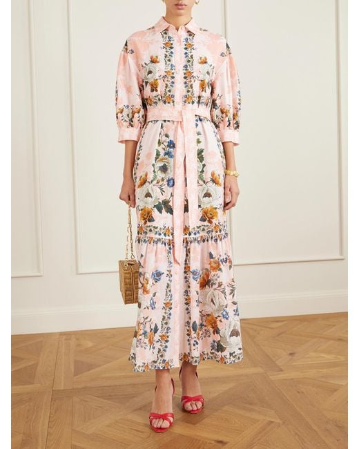Borgo De Nor Pink Bianca Belted Printed Linen And Cotton-Blend Midi Dress