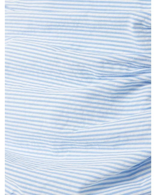BERNADETTE Blue Vera Strapless Ruched Striped Cotton-Seersucker Mini Dress