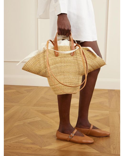 Muuñ Metallic Signora Leather-Trimmed Raffia Tote