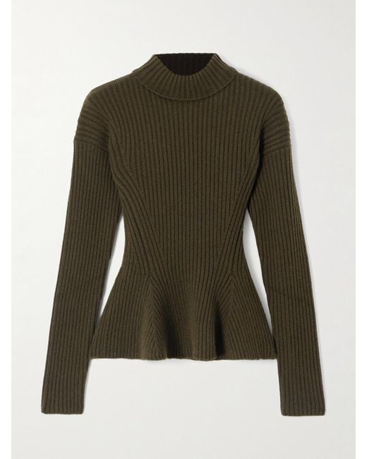 Max Mara Green Ribbed Wool-Blend Turtleneck Peplum Sweater