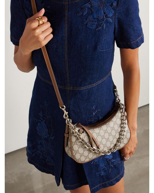 Gucci Gray Gg Emblem Leather-Trimmed Printed Coated-Canvas Shoulder Bag