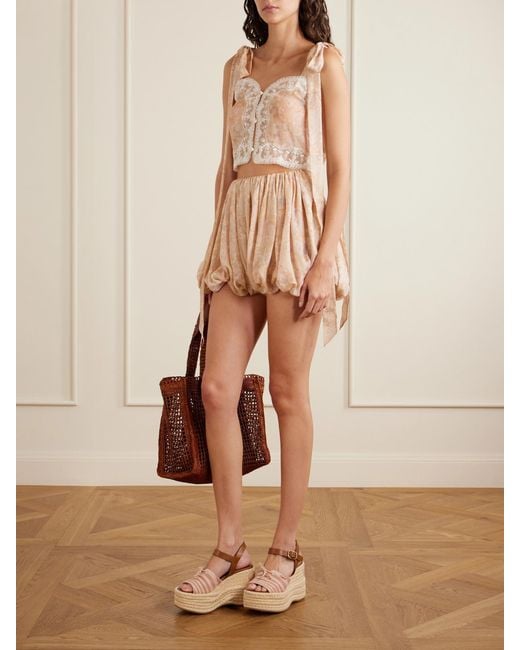 Chloé Natural Pleated Floral-Print Silk-Charmeuse Shorts