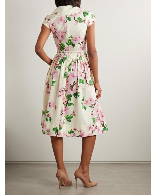Oscar de la Renta White Belted Pleated Printed Cotton-Blend Poplin Midi Dress