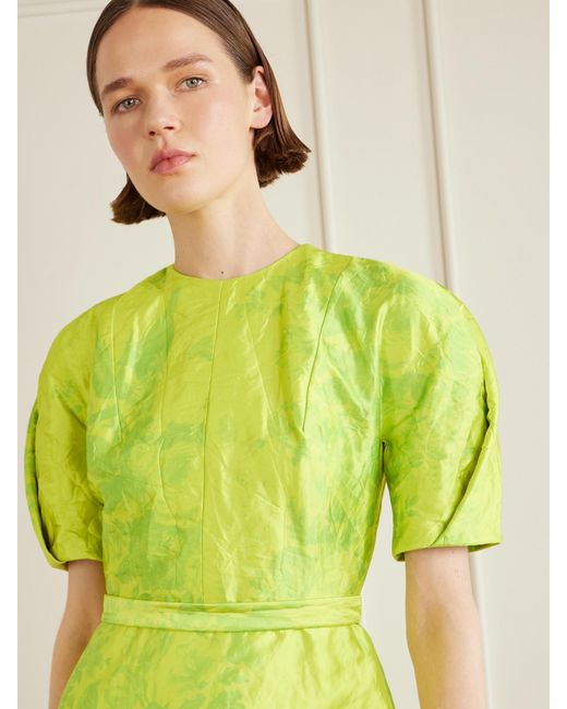 Erdem Green Printed Crinkled-Satin Midi Dress
