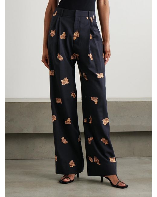 LIBEROWE Blue Annie Pleated Floral-Jacquard Metallic Wool-Blend Wide-Leg Pants