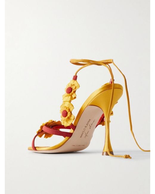 Manolo Blahnik Metallic Palissot 105 Leather-Trimmed Appliquéd Grosgrain And Satin Sandals