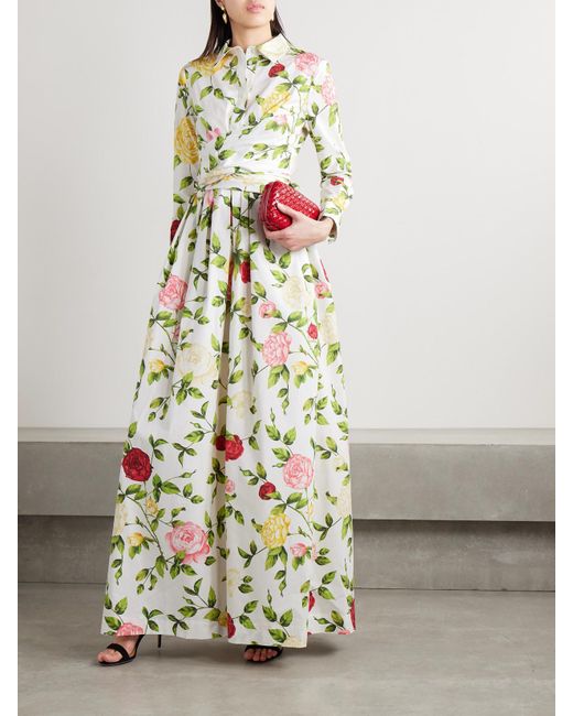Oscar de la Renta White Maxi-Hemdblusenkleid Aus Popeline Aus Einer Baumwollmischung Mit Blumenprint Und Wickeleffekt