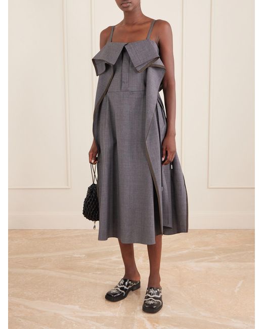 Sacai Gray Pleated Ruffled Wool Midi Dress