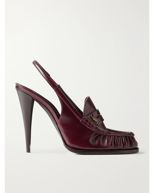 Saint Laurent Brown Le Loafer 110 Cassandre-Embellished Leather Slingback Pumps