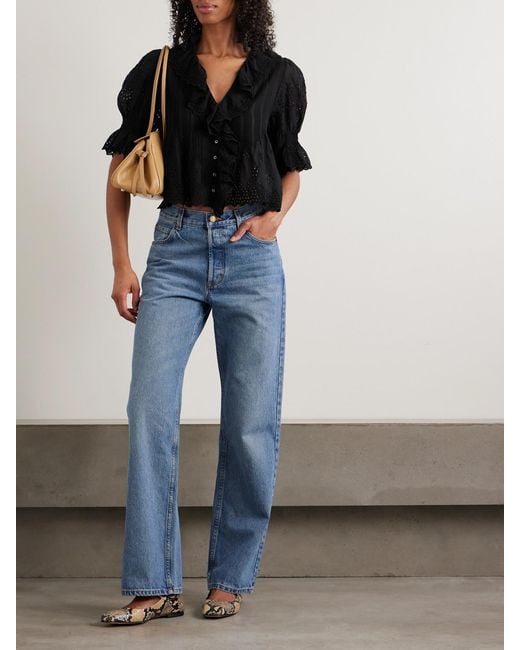 Doen Black Henri Cropped Ruffled Pintucked Broderie Anglaise Cotton Top