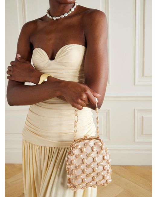 Cult Gaia Natural Brielle Clutch Aus Leder Und Goldfarbenem Metall Mit Kunstperlen