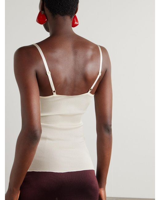 Saint Laurent Natural Lace-Trimmed Ribbed Silk-Jersey Tank Top