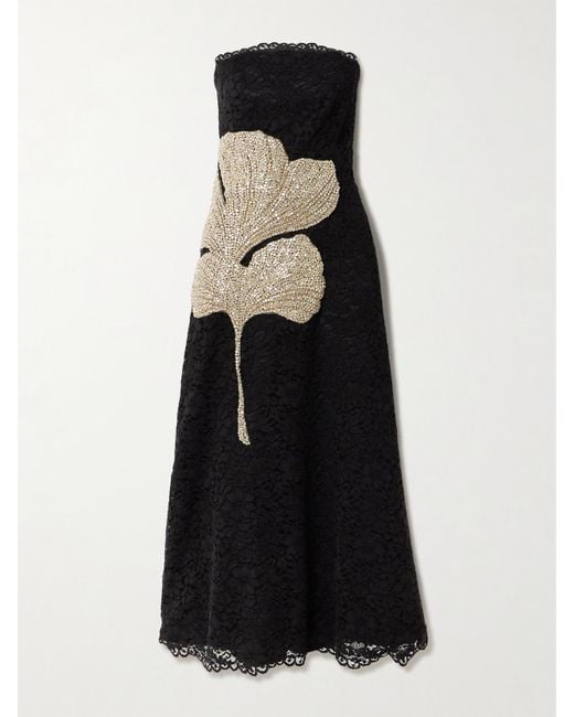 Costarellos Black Hallis Strapless Crystal-Embellished Corded Lace Midi Dress
