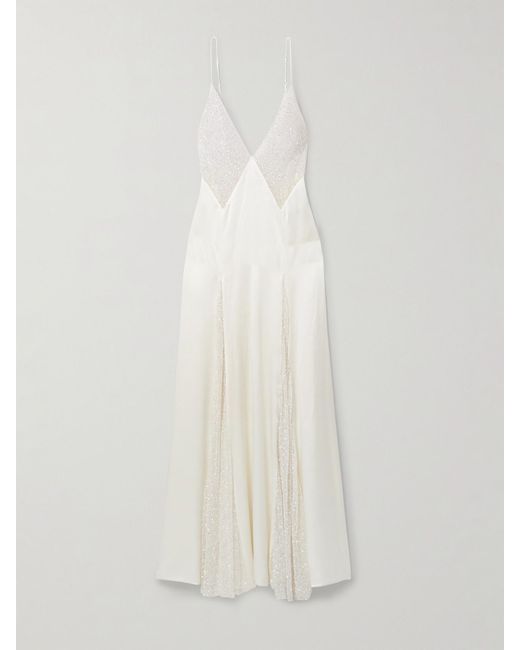Kiki de Montparnasse White Ange Paneled Embellished Leavers Lace And Satin Gown