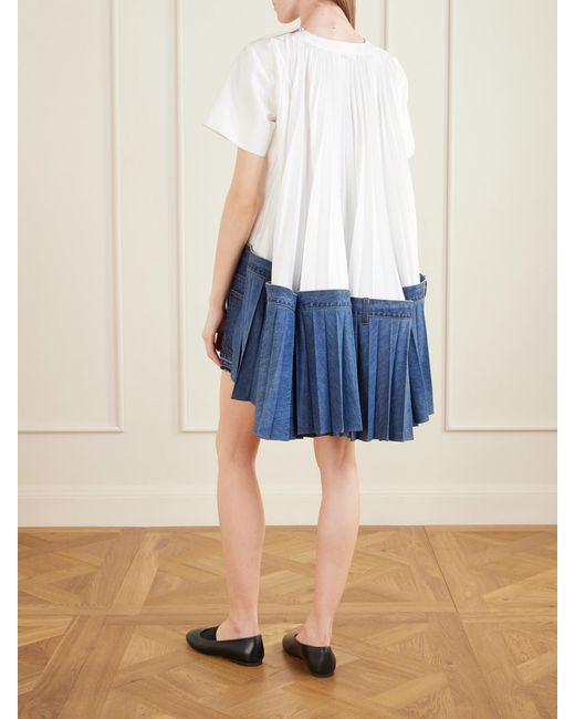 Sacai Blue Cape-Effect Pleated Cotton And Silk-Blend Jersey And Denim Mini Dress