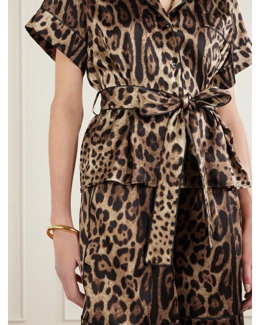 Dolce & Gabbana White Belted Piped Leopard Print Silk-Blend Satin Shirt