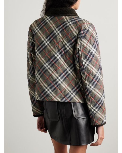 Burberry Gray Corduroy-Trimmed Quilted Checked Cotton Jacket