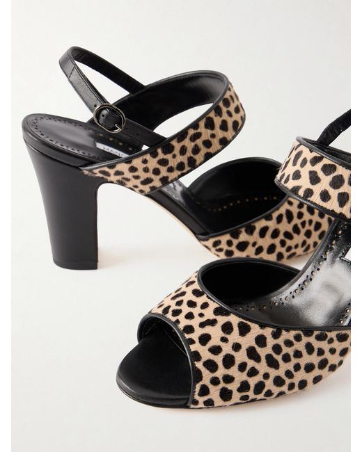 Manolo Blahnik Metallic Khikobi 90 Leopard-Print Calf-Hair Slingback Sandals