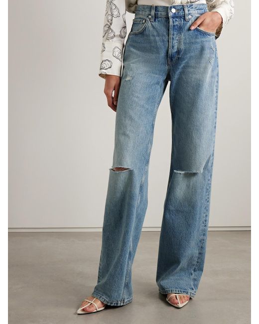 Anine Bing Blue Hugh Distressed High-Rise Wide-Leg Jeans