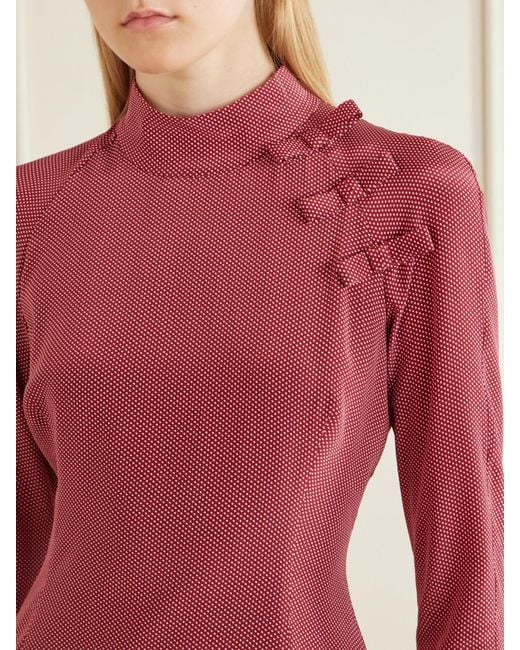 Alessandra Rich Pink Bow-Detailed Polka-Dot Silk-Crepe Midi Dress