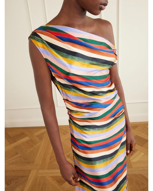 Staud White Phare One-Shoulder Draped Striped Silk-Blend Satin Maxi Dress