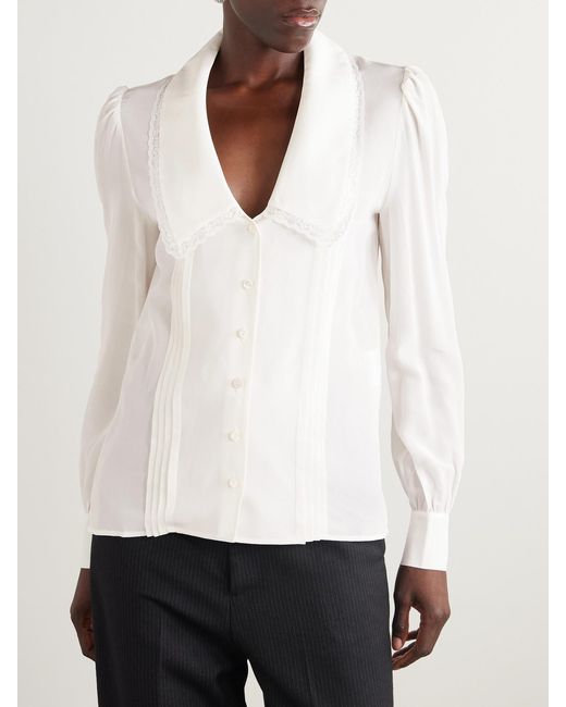 Alessandra Rich Natural Lace-Trimmed Pintucked Silk-Chiffon Blouse