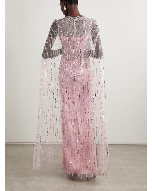 Jenny Packham Pink Cape-Effect Embellished Tulle Gown
