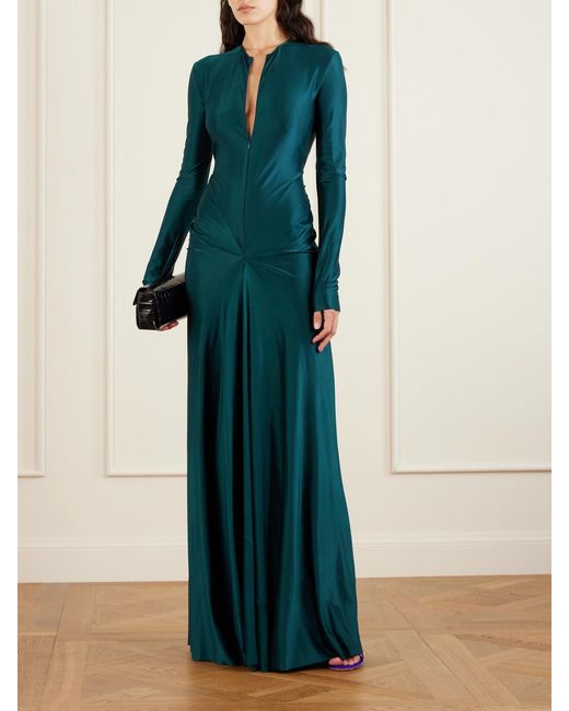 Victoria Beckham Green Gathered Satin Gown