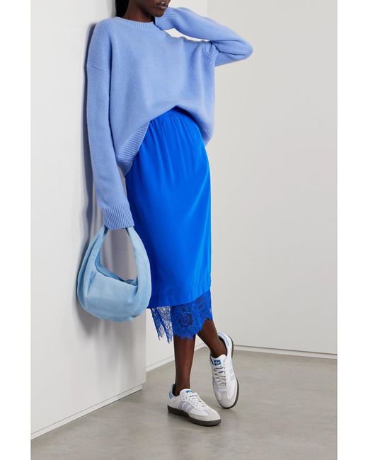 Sea Blue Lorraine Lace-Trimmed Silk Crepe De Chine Midi Skirt