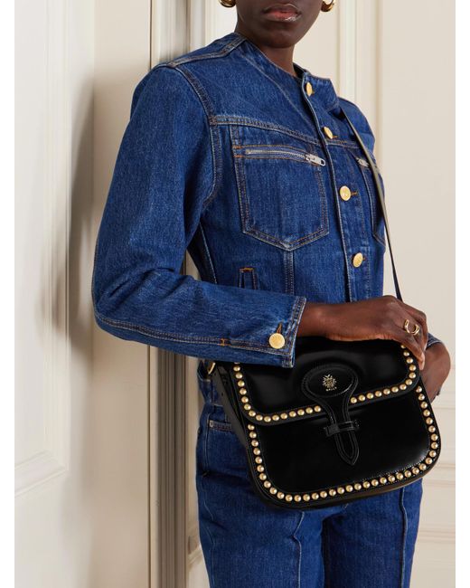 Bally Black Beckett Flat Medium Studded Glossed-Leather Shoulder Bag