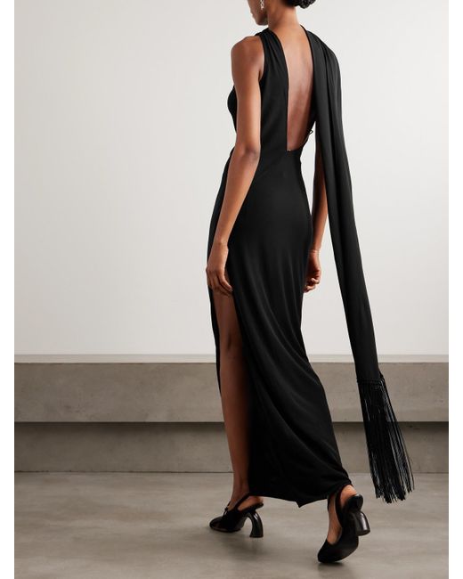 Acne White Dassy One-Shoulder Fringed Tie-Detailed Stretch-Knit Gown