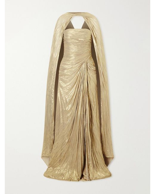 Marmar Halim Natural Cape-Effect Plissé Metallic-Satin Gown