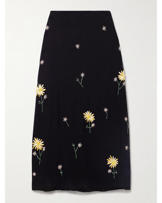 Staud Blue Angela Bead-Embellished Crepe De Chine Midi Skirt