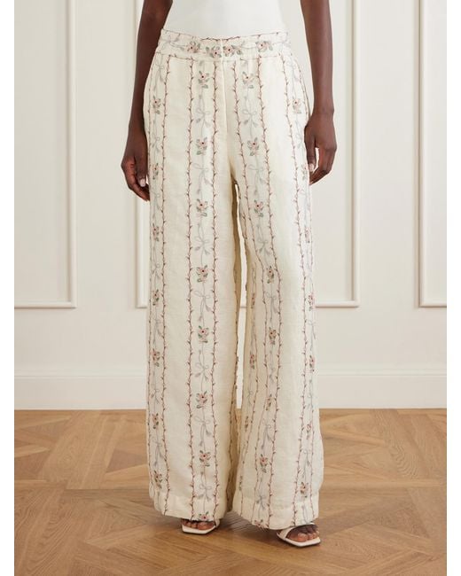 Agua Bendita White Tota Navegante Floral-Embroidered Linen Wide-Leg Pants