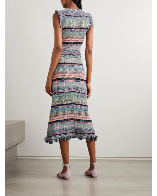 Ulla Johnson Blue Ajak Ruffled Striped Ribbed-Knit Midi Dress