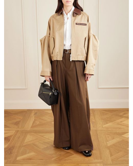 Sacai Natural Pleated Leather-Trimmed Cotton-Twill Jacket