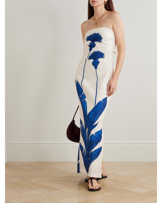 ANDRES OTALORA Blue Costera Strapless Tie-Detail Floral-Print Linen Maxi Dress