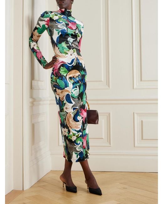 Mary Katrantzou White Farris Printed Stretch-Velvet Turtleneck Midi Dress