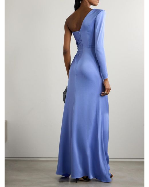 Alex Perry Blue One-Shoulder Gathered Satin-Crepe Gown