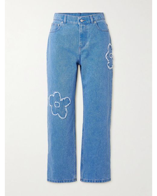 Marni Blue Cropped Appliquéd Mid-Rise Straight-Leg Jeans