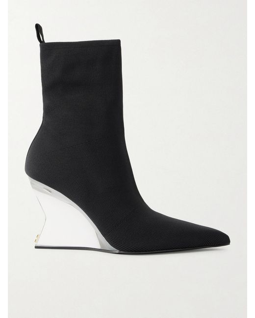 Balmain Black Ribbed Wedge Ankle Boots