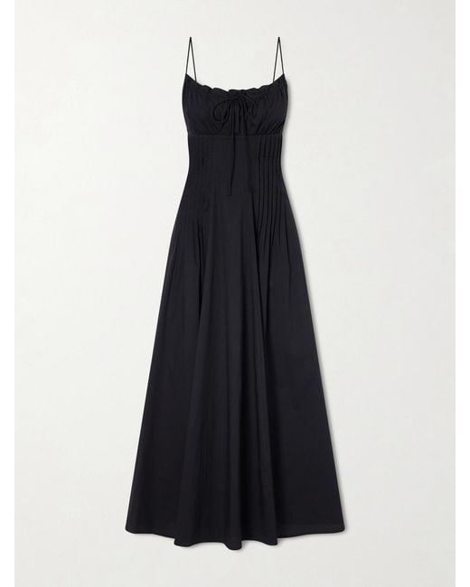 Staud Blue Margi Ruffled Pleated Cotton-Stretch Poplin Midi Dress