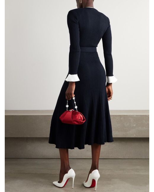 Self-Portrait Blue Belted Ribbed-Knit Midi Dress
