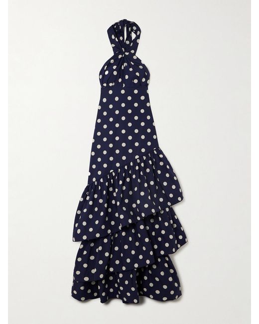 Cara Cara Blue Perla Ruffled Polka-Dot Cotton-Poplin Halterneck Maxi Dress