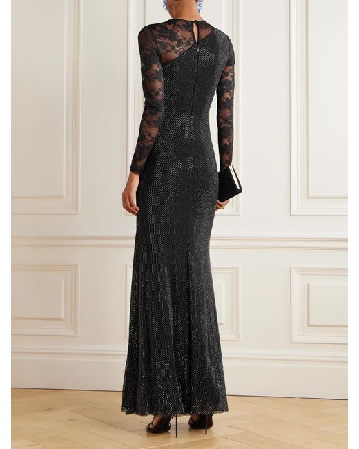 Self-Portrait Black Lace-Trimmed Crystal-Embellished Jersey Gown