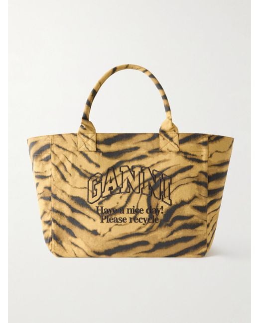 Ganni Metallic Shopper Xxl Embroidered Zebra-Print Cotton-Canvas Tote