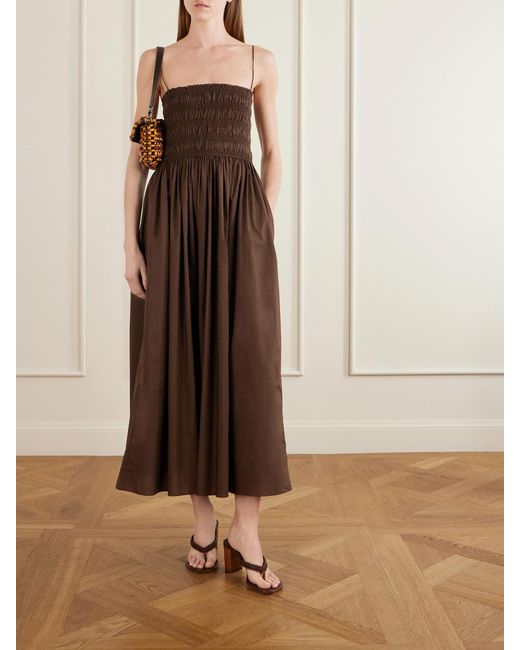 Matteau Brown Shirred Organic Cotton Midi Dress