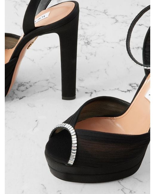 Aquazzura Black Be Mine Plateau 130 Crystal-Embellished Grosgrain-Trimmed Pleated Chiffon Platform Sandals